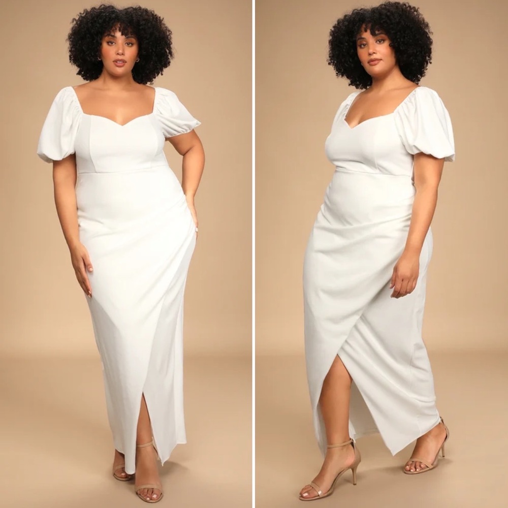 Lulu's Elegant White Puff Sleeve Dress